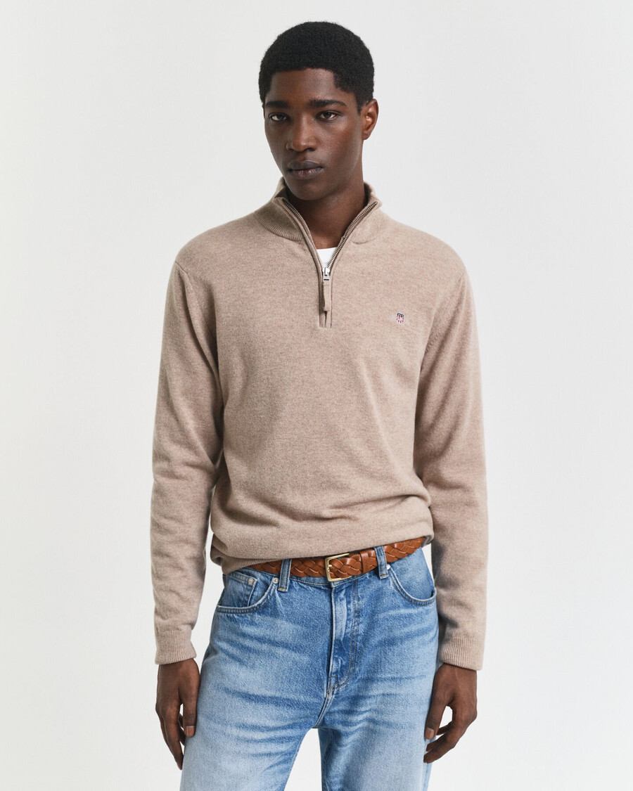 pulover superfine lambswool cu fermoar pe jumătate - dk sand melange