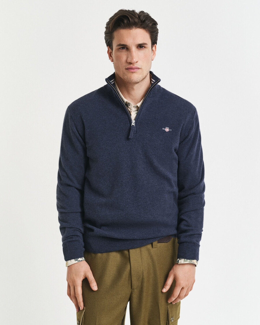 pulover superfine lambswool cu fermoar pe jumătate - bleumarin închis melange