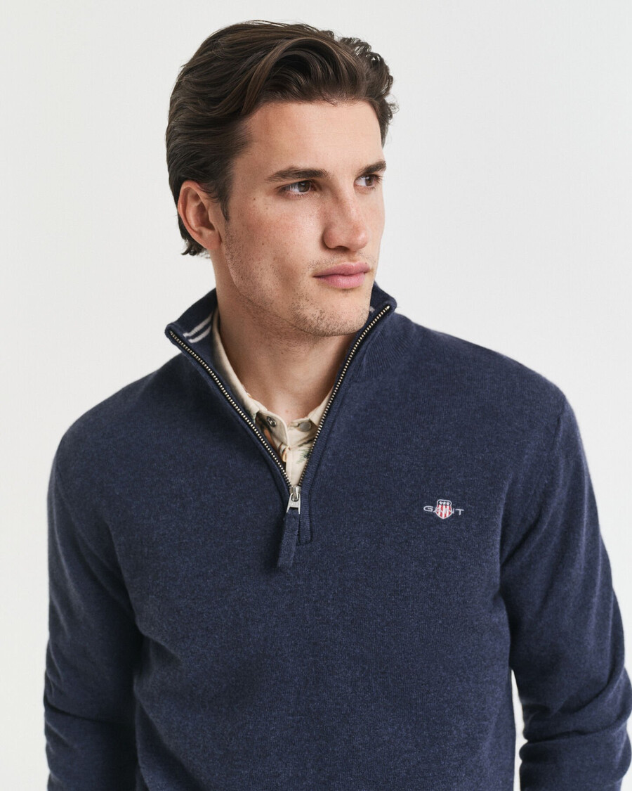 pulover superfine lambswool cu fermoar pe jumătate - bleumarin închis melange
