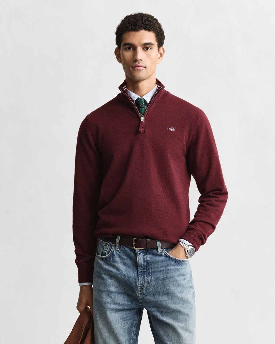 pulover superfine lambswool cu fermoar pe jumătate - bordeaux melange
