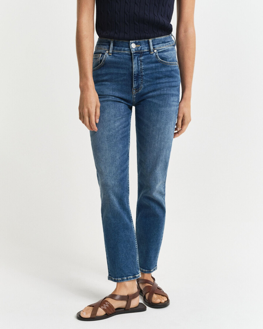blugi slim fit cropped - albastru mediu uzați