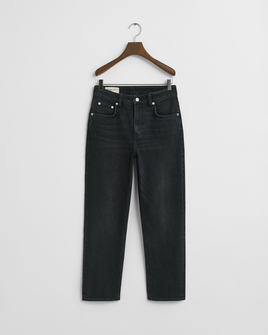 blugi elastici crop cu picior drept - negri cu imprimeu de ciocan