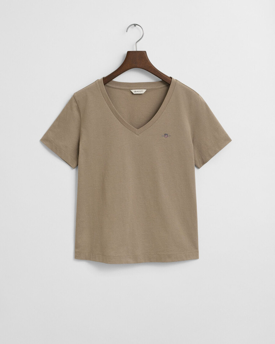 tricou scut cu guler în v - bej taupe