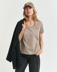 tricou scut cu guler în v - bej taupe