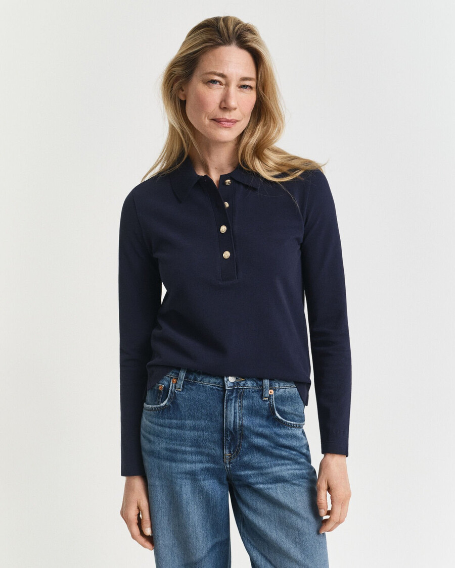 tricou polo cu mânecă lungă din piqué - albastru de seară