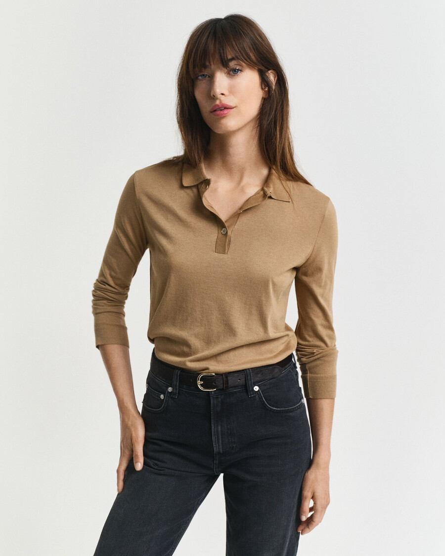 tricou polo cu mânecă lungă și nasturi fără cusături - kaki cald