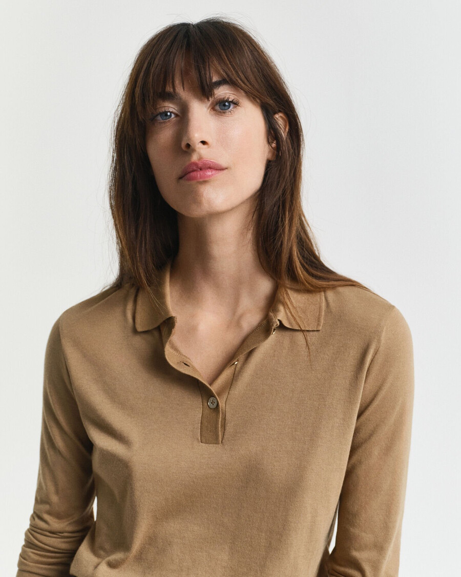 tricou polo cu mânecă lungă și nasturi fără cusături - kaki cald