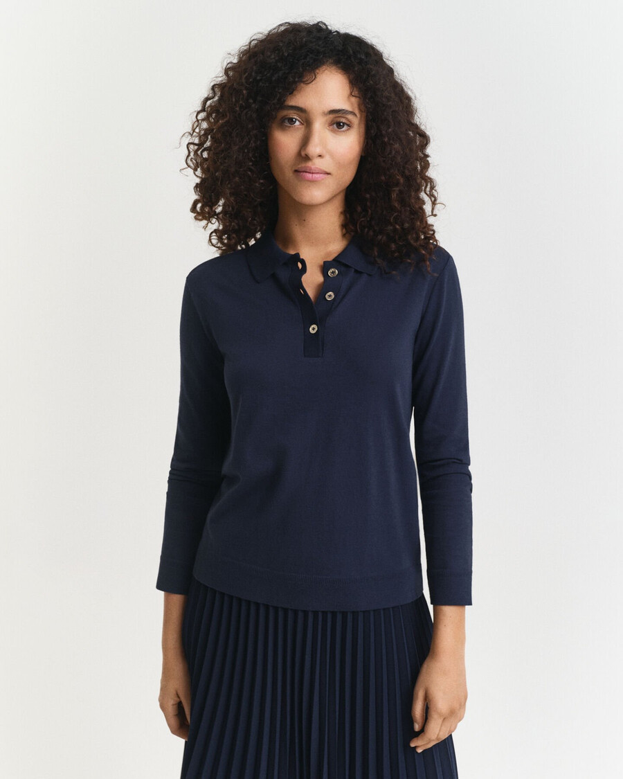 tricou polo cu mânecă lungă și nasturi fără cusături - albastru de seară