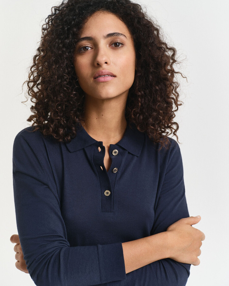 tricou polo cu mânecă lungă și nasturi fără cusături - albastru de seară