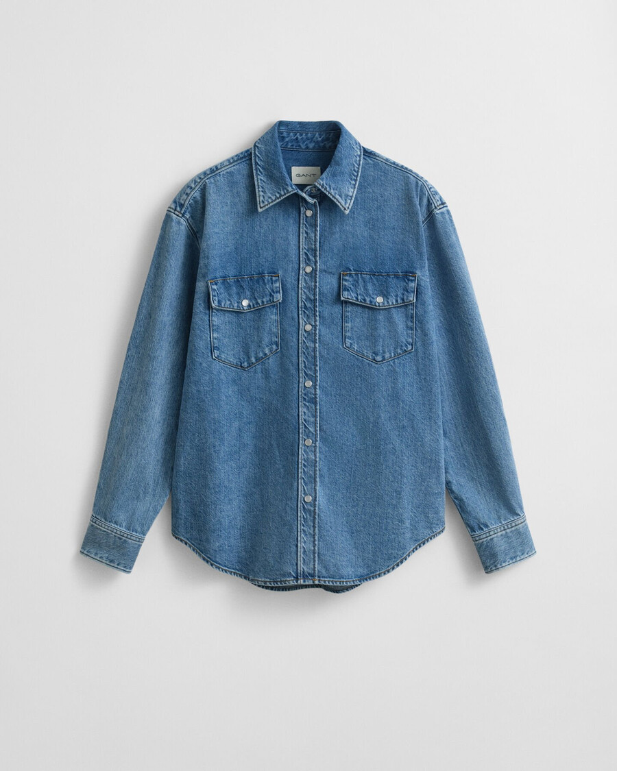 cămașă din denim cu croială relaxată - albastru mediu purtată