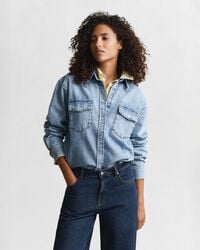 cămașă din denim cu croială relaxată - albastru mediu purtată