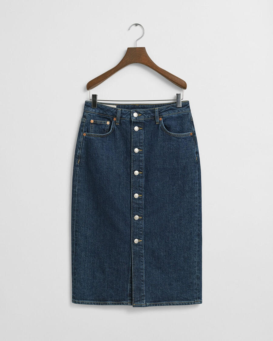 fustă midi din denim cu nasturi - albastru închis purtată