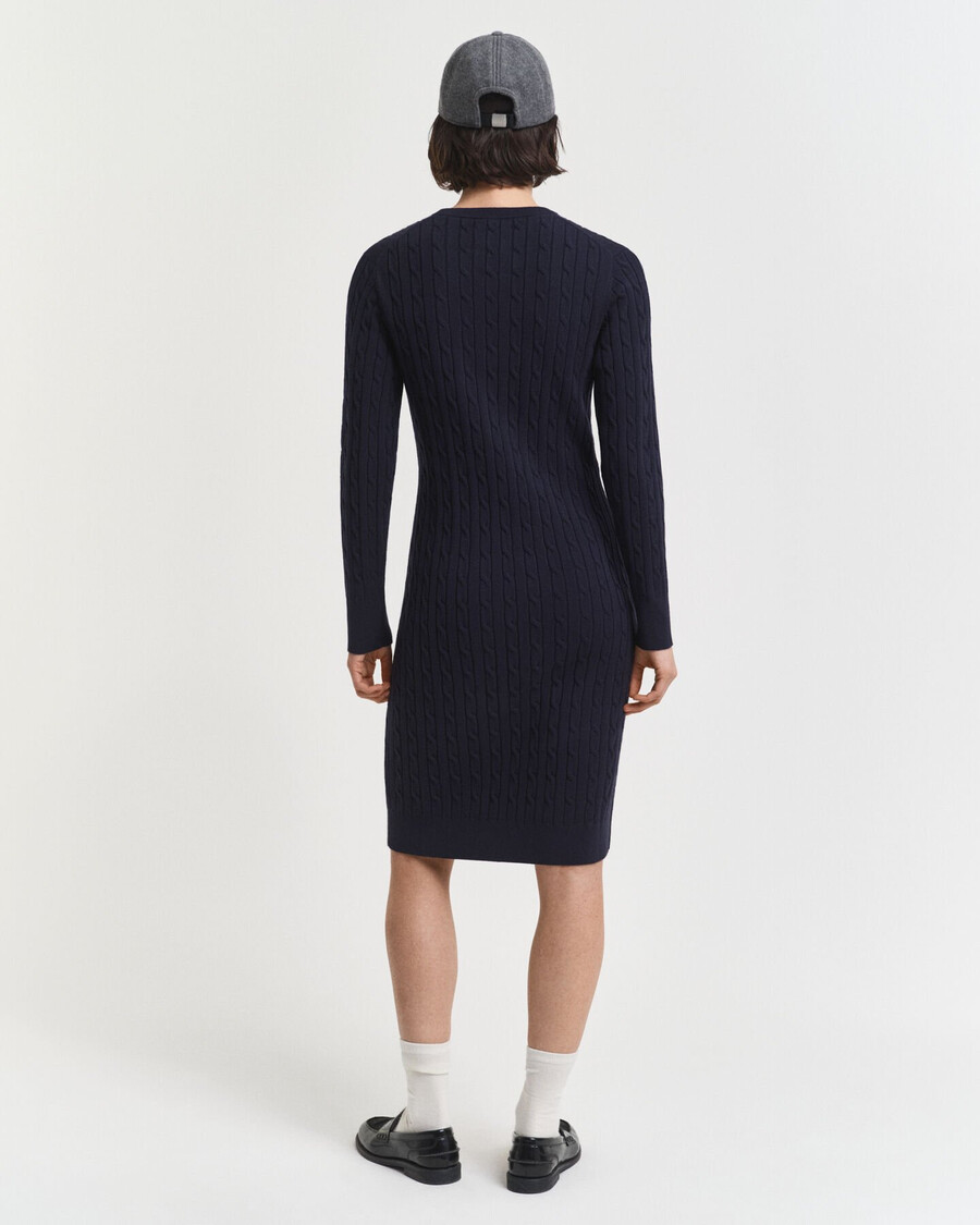 rochie cu guler rotund din bumbac elastic tricotată cu cabluri - albastru de seară