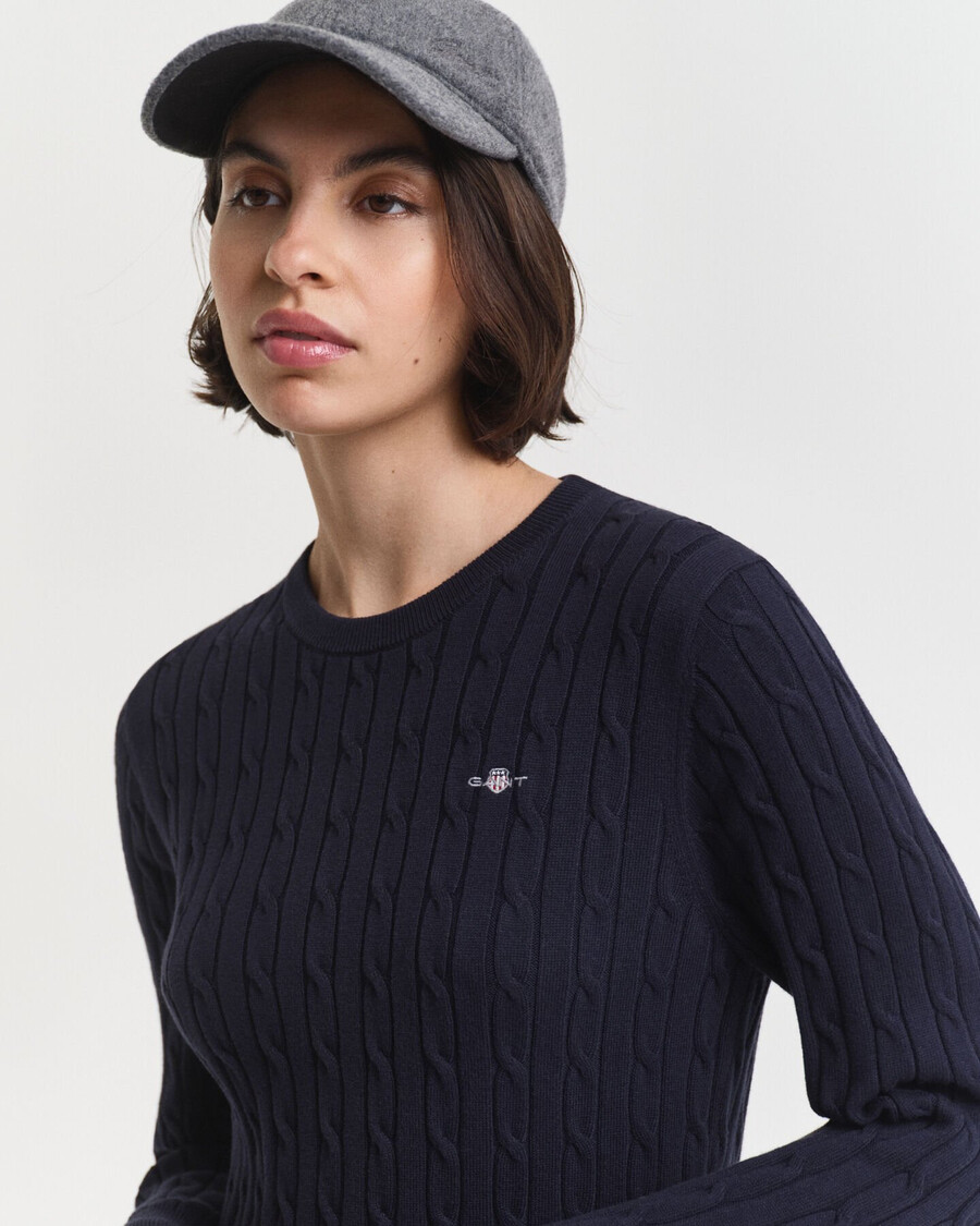 rochie cu guler rotund din bumbac elastic tricotată cu cabluri - albastru de seară