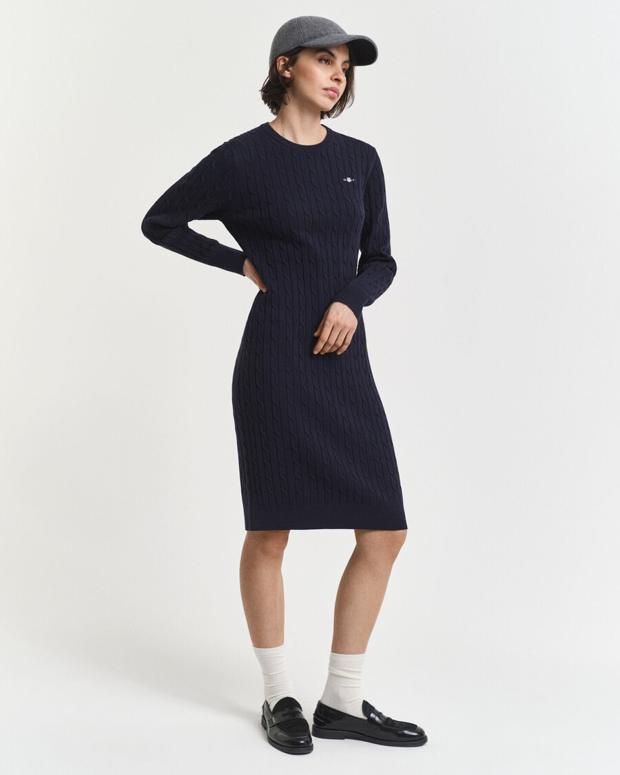rochie cu guler rotund din bumbac elastic tricotată cu cabluri - albastru de seară