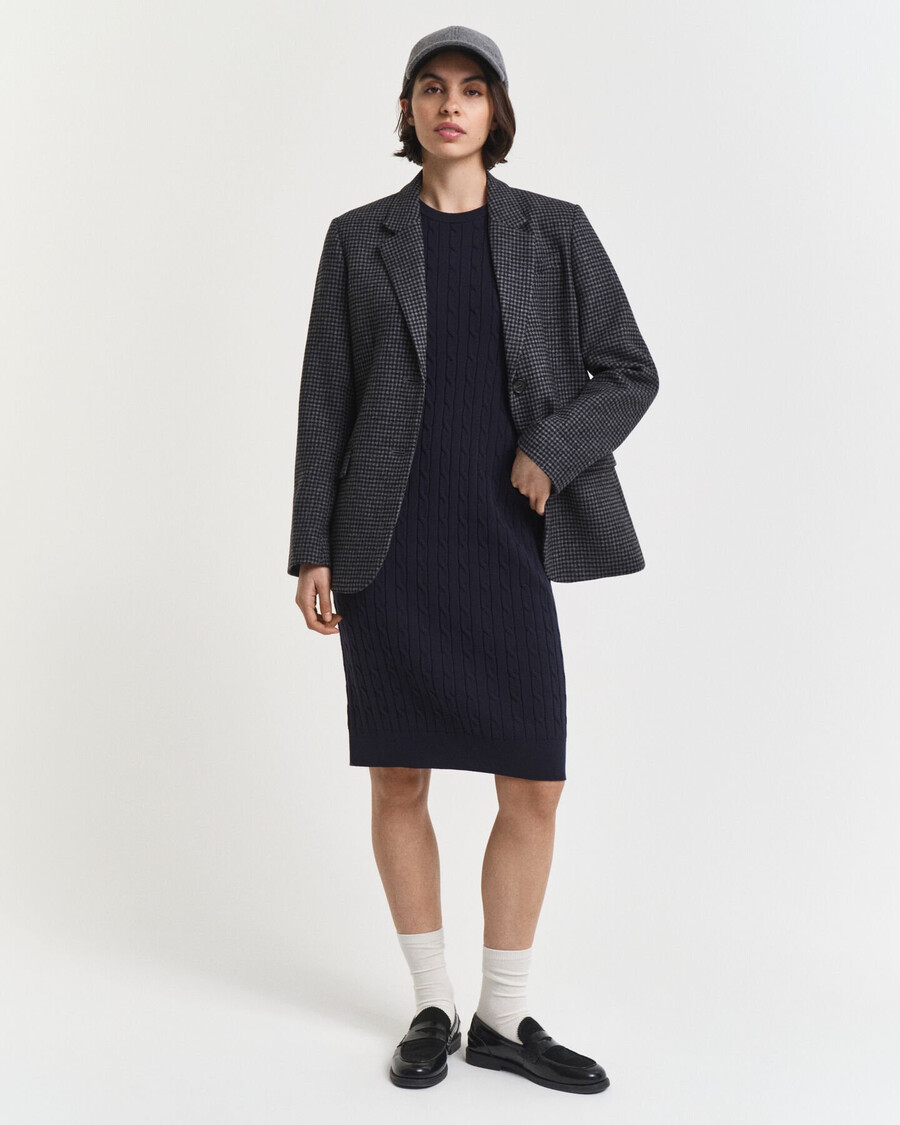 rochie cu guler rotund din bumbac elastic tricotată cu cabluri - albastru de seară