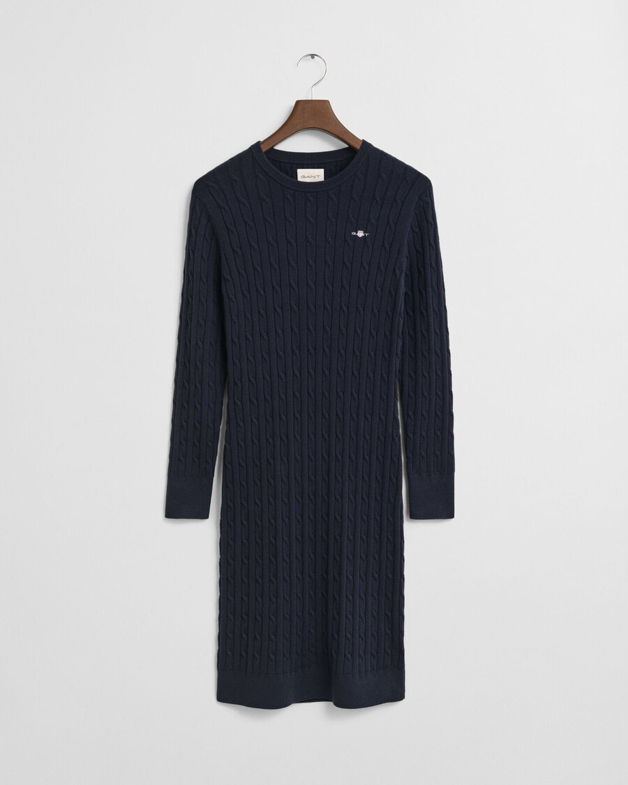 rochie cu guler rotund din bumbac elastic tricotată cu cabluri - albastru de seară
