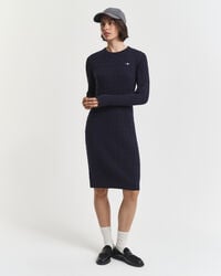 rochie cu guler rotund din bumbac elastic tricotată cu cabluri - albastru de seară