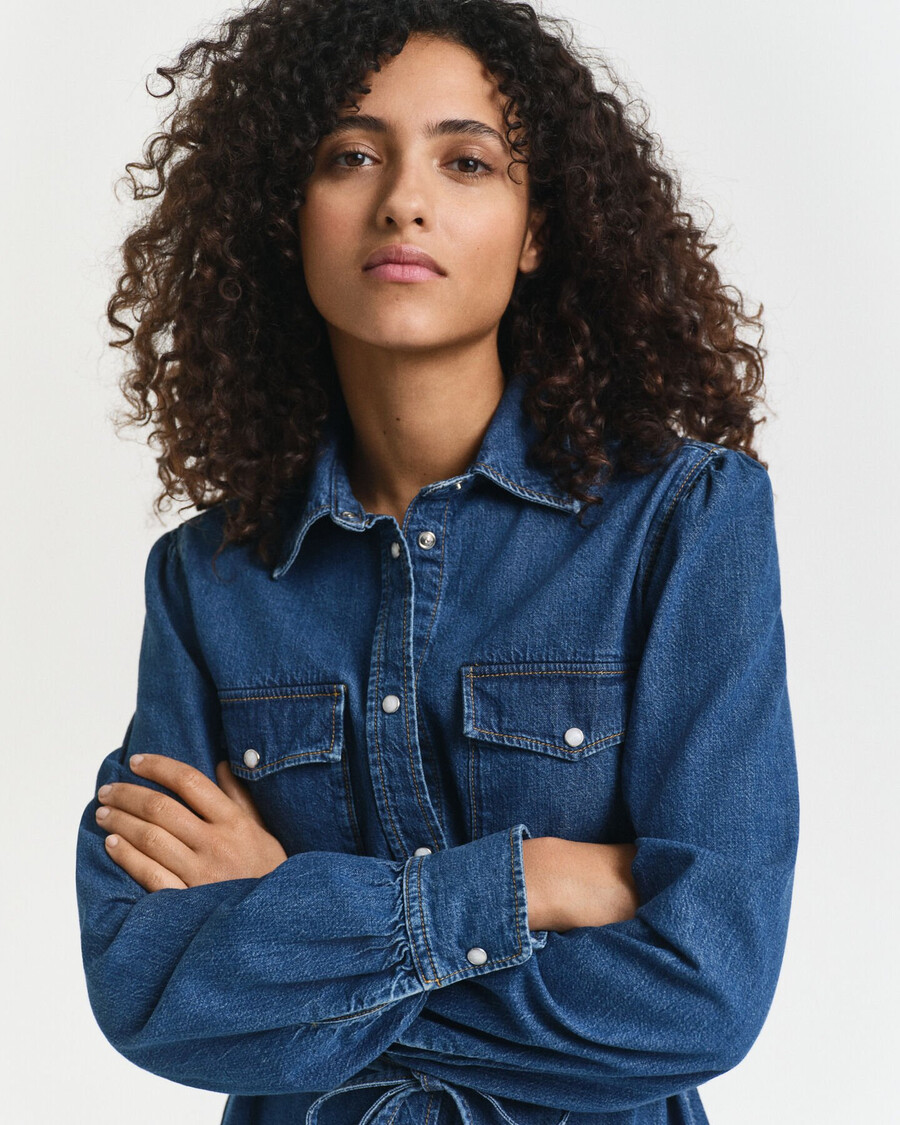 rochie din denim cu mâneci bufante - indigo