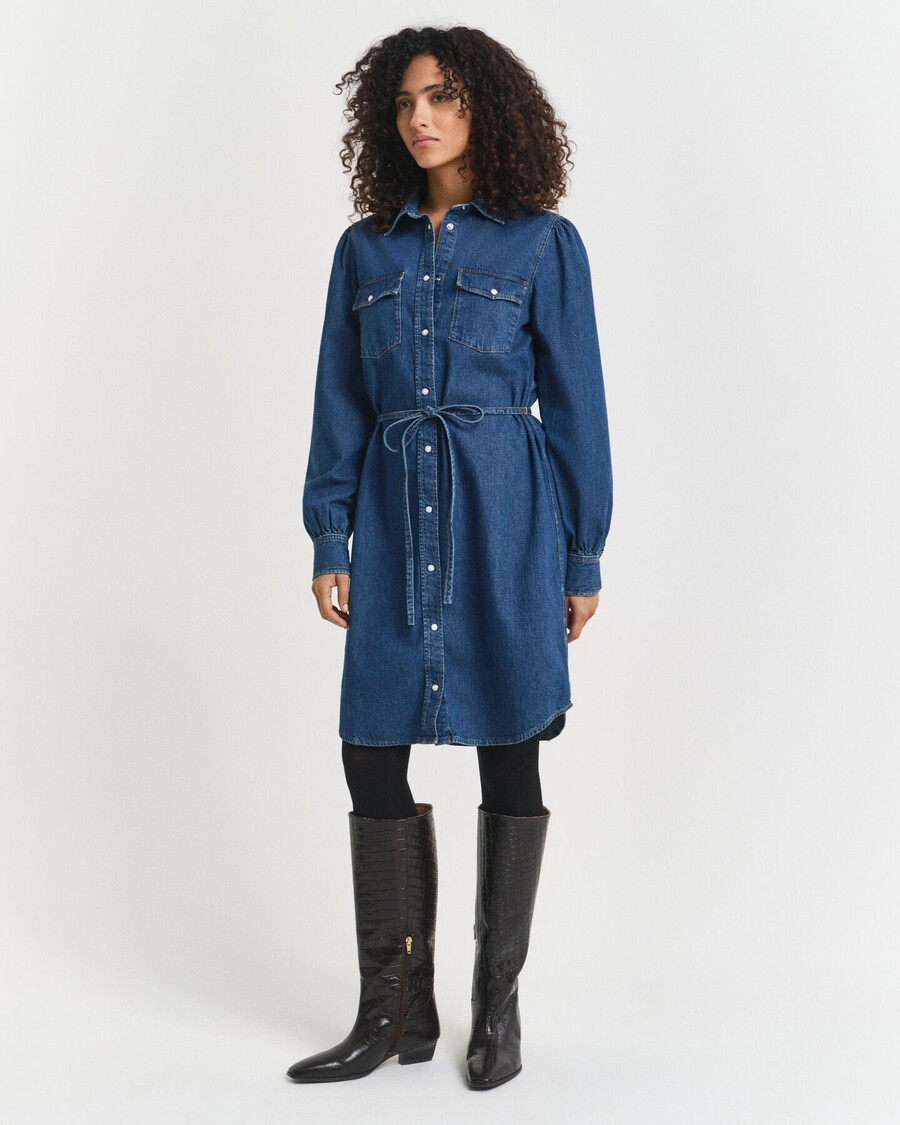 rochie din denim cu mâneci bufante - indigo