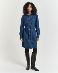 rochie din denim cu mâneci bufante - indigo