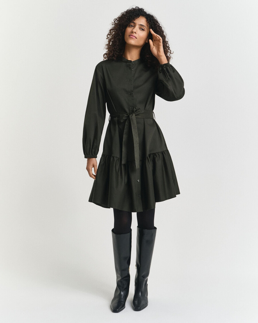 rochie cu mânecă lungă din satin de bumbac - verde mușchi închis