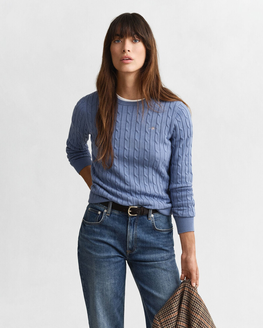 pulover cu guler rotund din bumbac elastic - denim decolorat