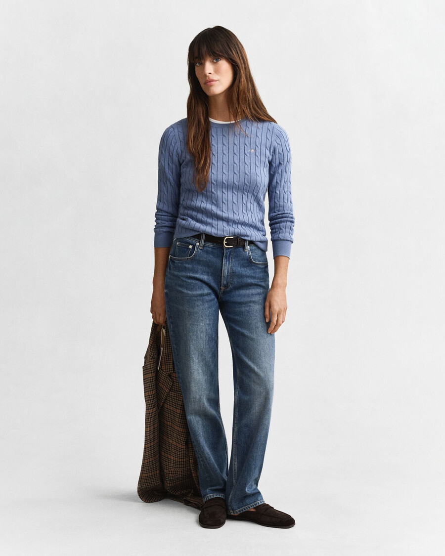 pulover cu guler rotund din bumbac elastic - denim decolorat