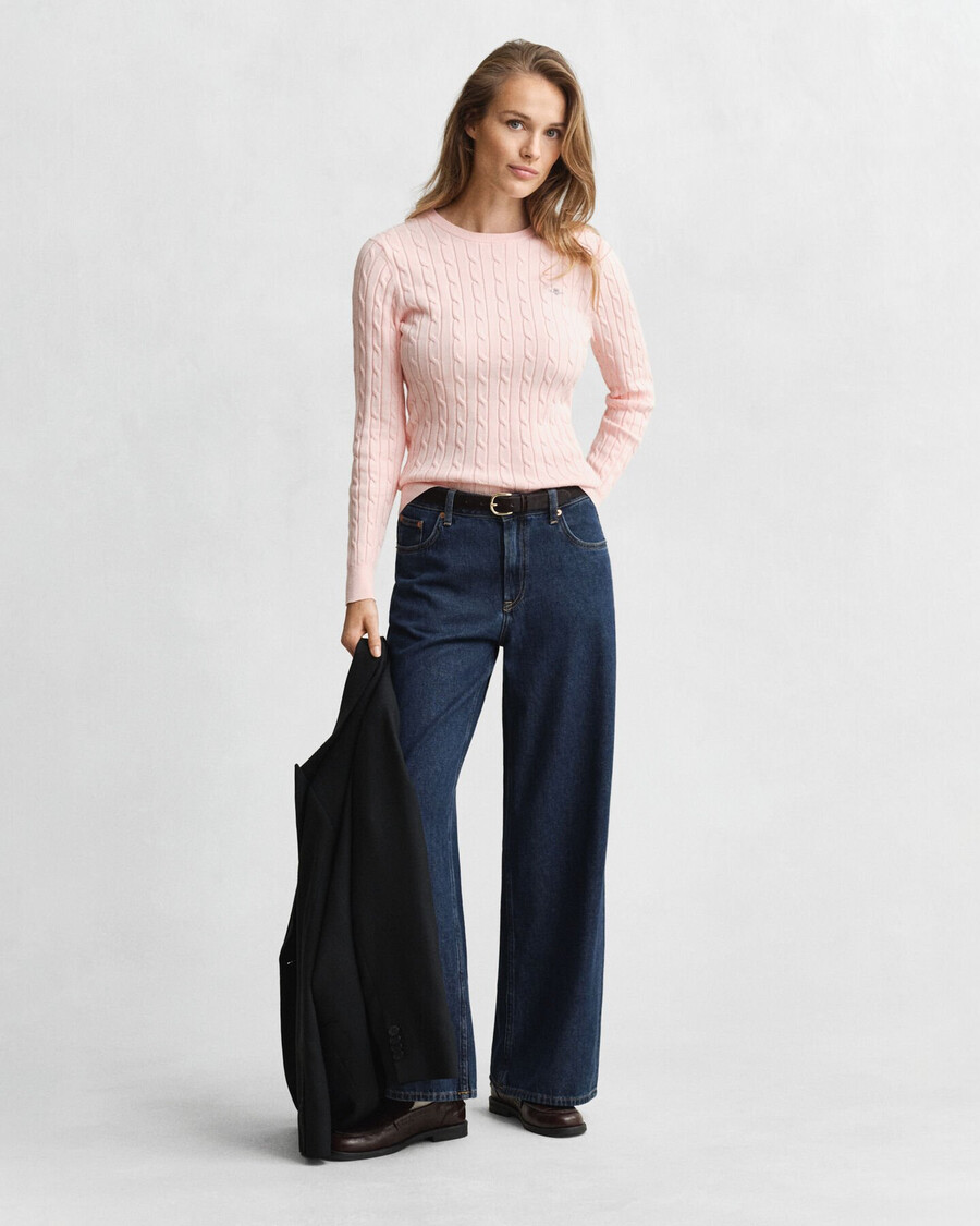 pulover cu guler rotund din bumbac elastic - roz caisă