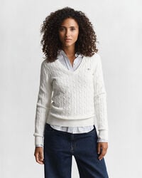pulover elastic din bumbac împletit cu guler în v - coajă de ou