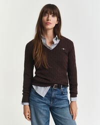 pulover elastic din bumbac împletit cu guler în v - maro închis