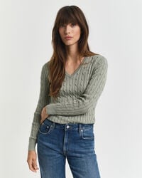 pulover elastic cu guler în v din bumbac împletit - gri decolorat