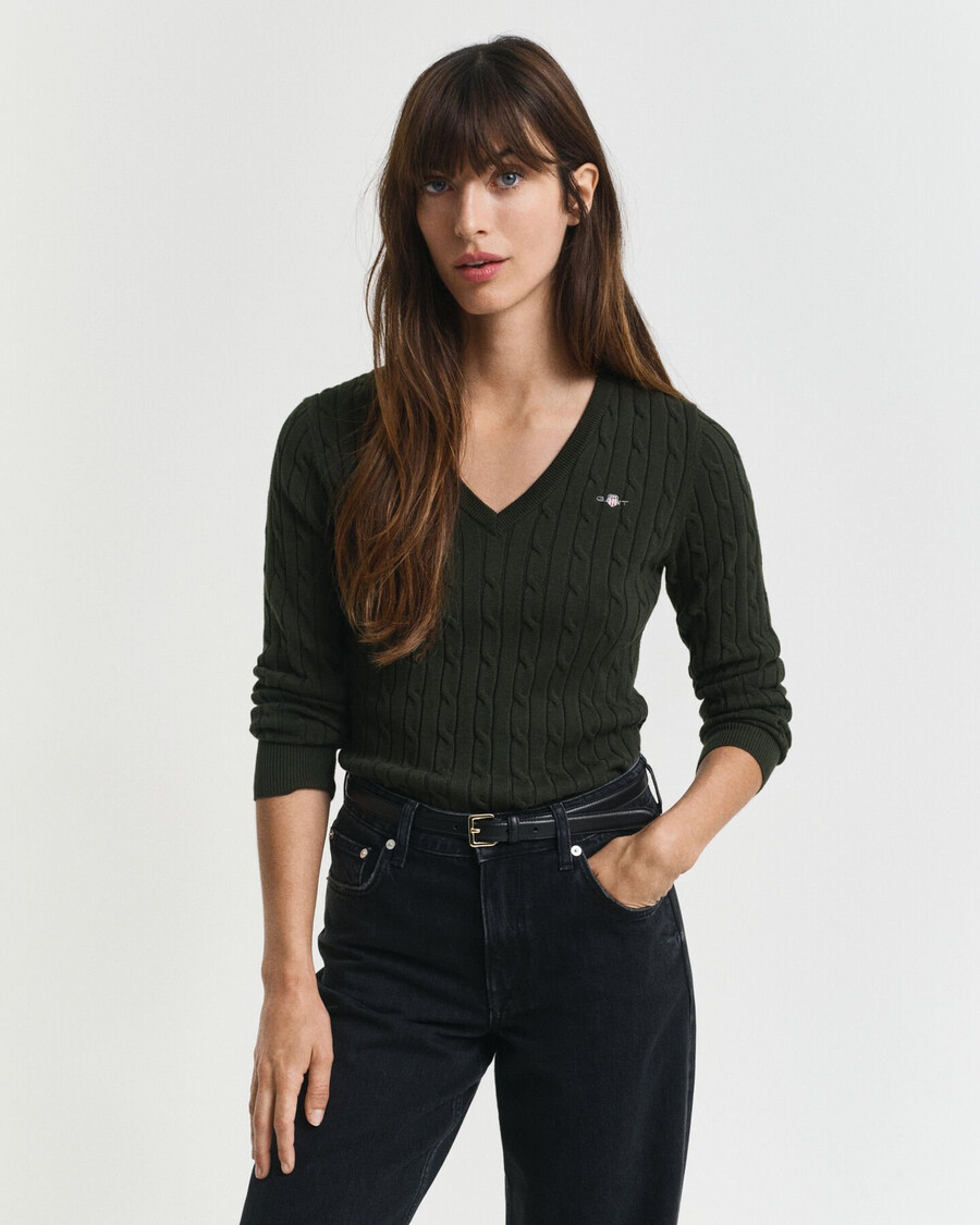 pulover din bumbac elastic tricotat cu împletitură cu guler în v - verde mușchi închis