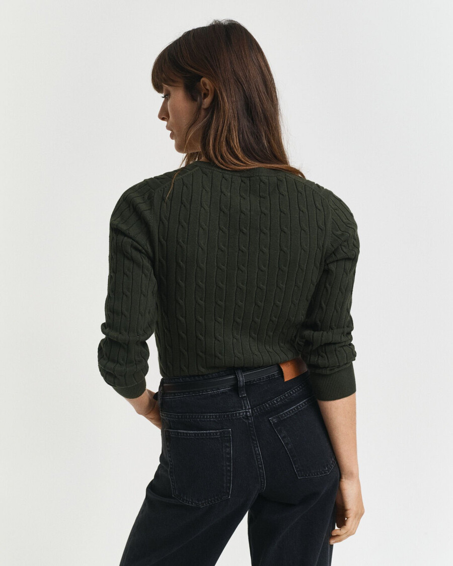 pulover din bumbac elastic tricotat cu împletitură cu guler în v - verde mușchi închis