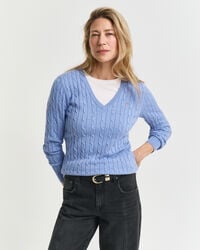 pulover elastic din bumbac tricotat cu împletitură și guler în v - clear sky