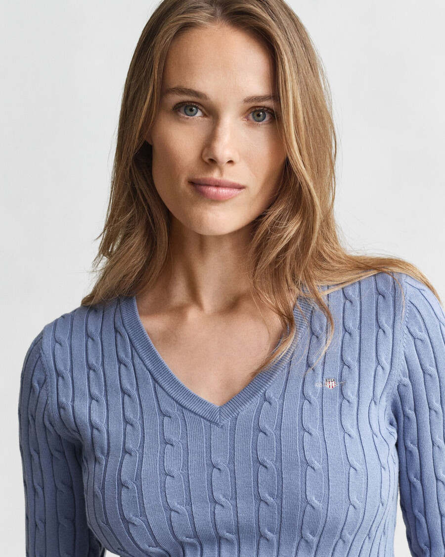 pulover elastic din bumbac cu guler în v - denim decolorat