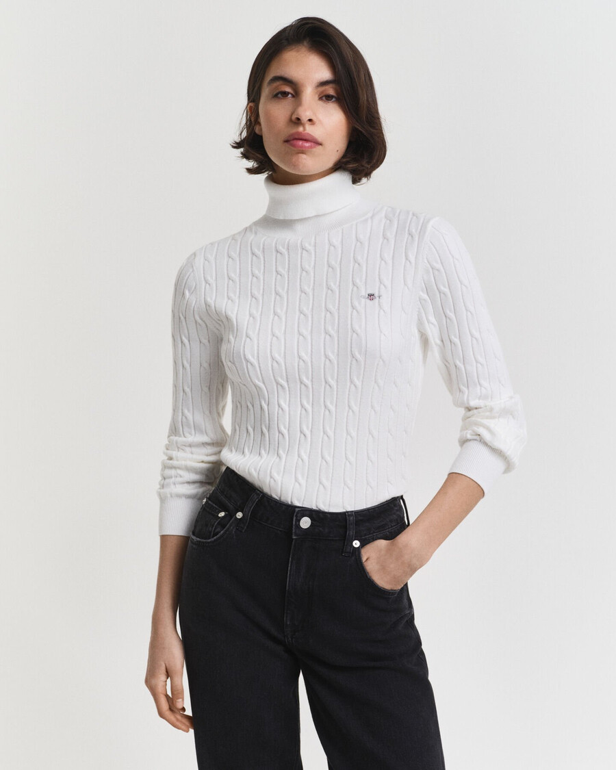 pulover cu guler înalt din bumbac elastic tricotat cu împletitură - coajă de ou