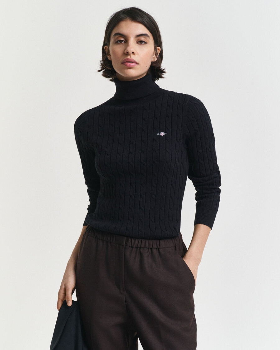 pulover cu guler înalt din bumbac elastic tricotat cu împletitură - negru