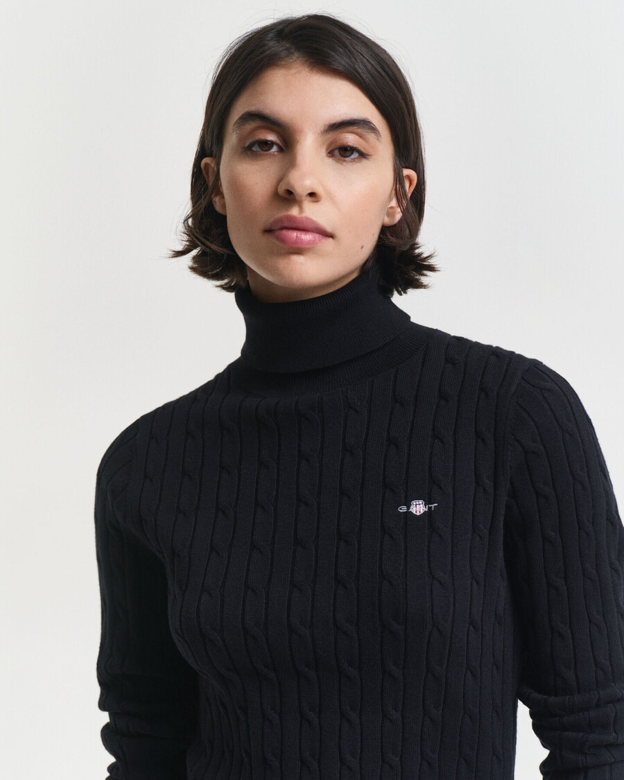 pulover cu guler înalt din bumbac elastic tricotat cu împletitură - negru