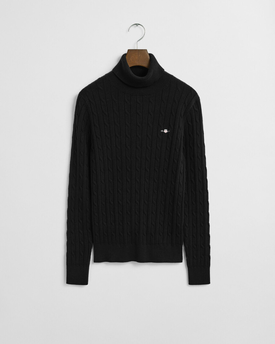 pulover cu guler înalt din bumbac elastic tricotat cu împletitură - negru
