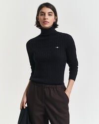 pulover cu guler înalt din bumbac elastic tricotat cu împletitură - negru