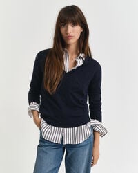 pulover din lână merinos extrafină cu guler în v - albastru seară