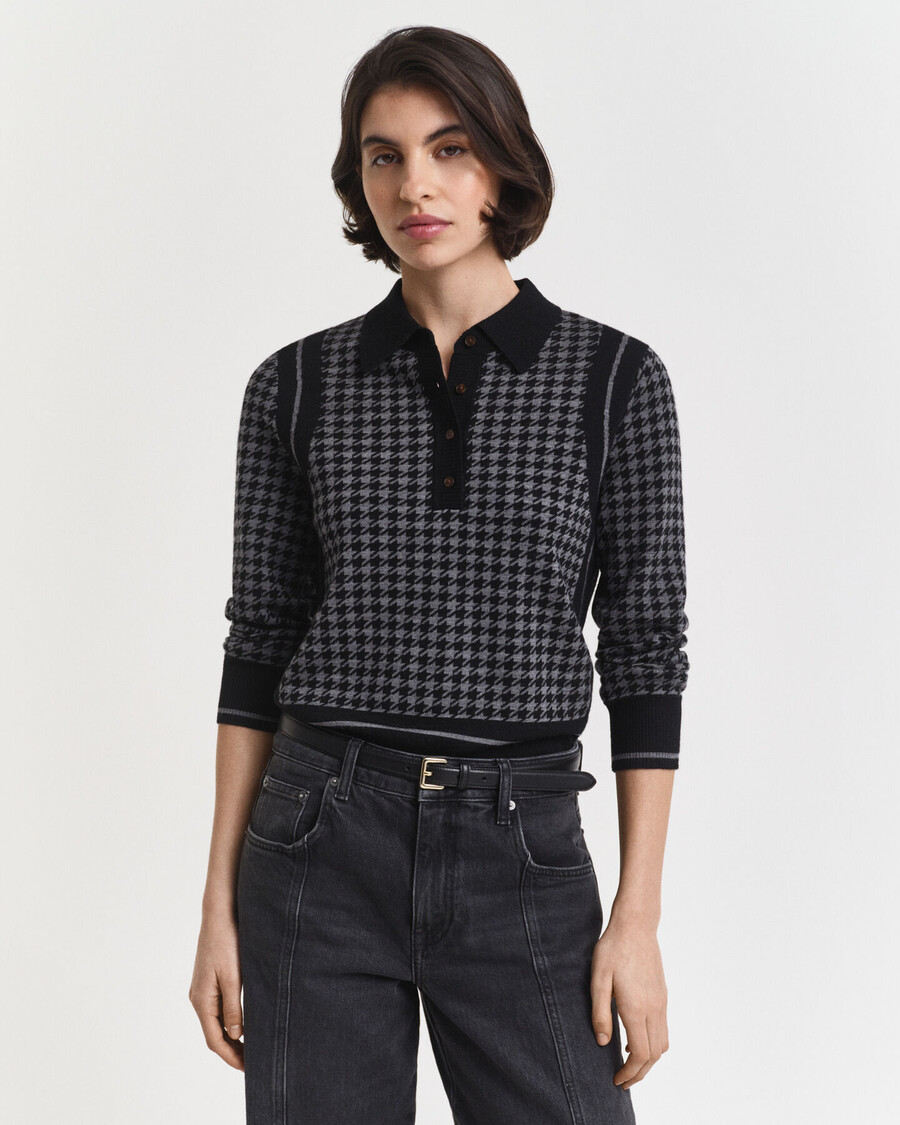 pulover polo jacquard cu imprimeu houndstooth - negru