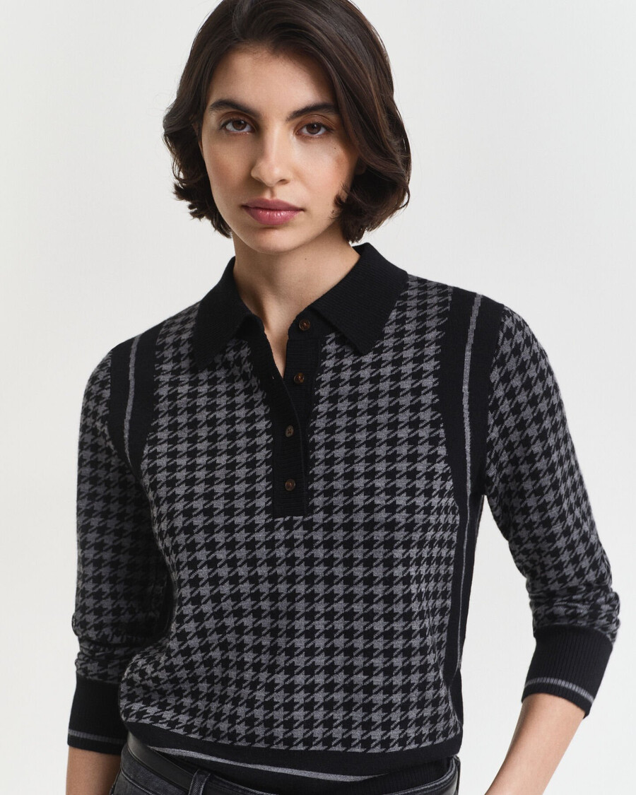 pulover polo jacquard cu imprimeu houndstooth - negru
