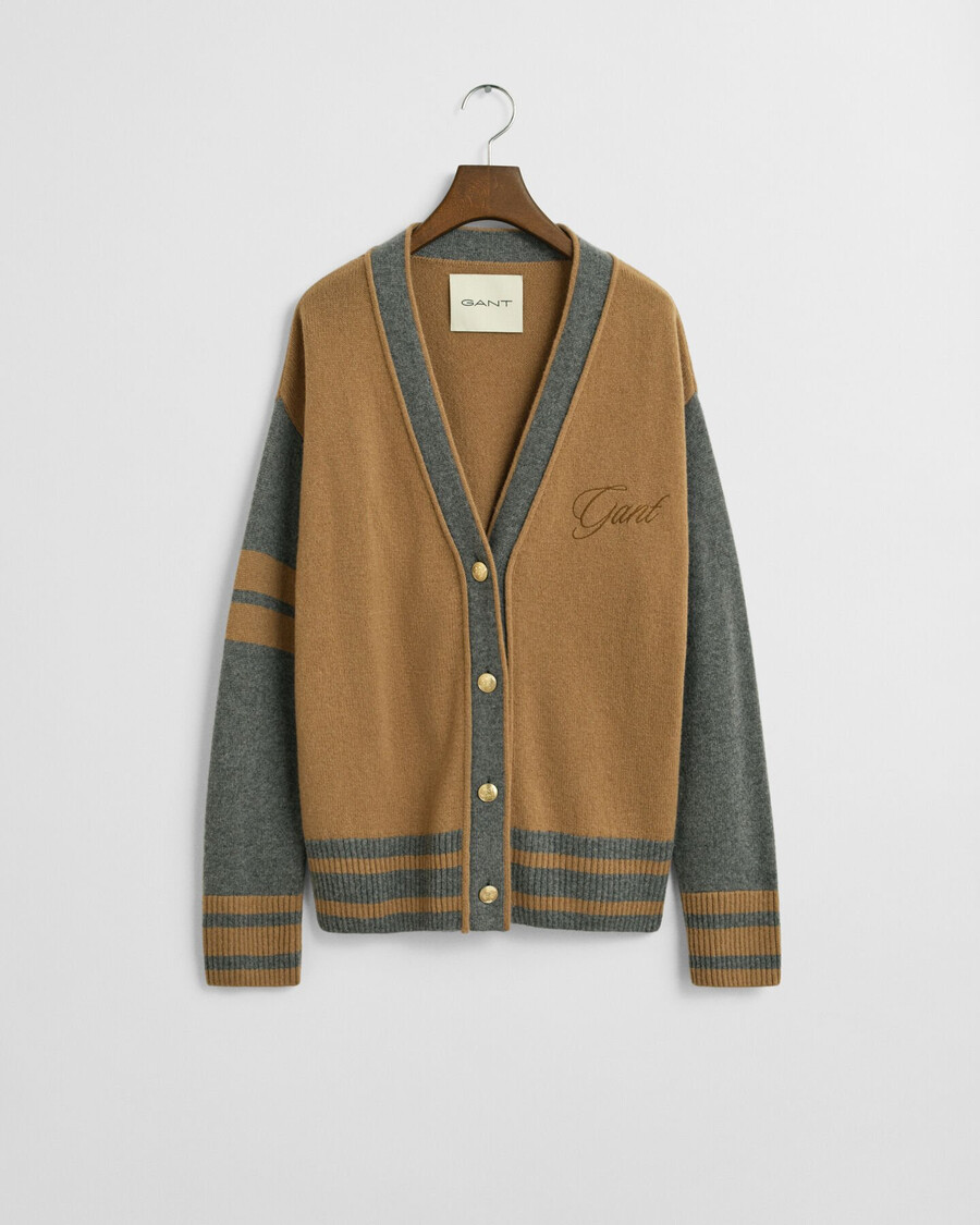 cardigan varsity cu guler în v - maro whisky